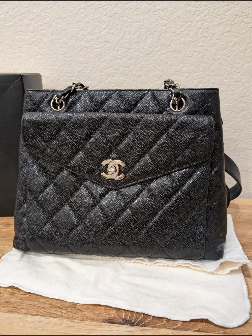 CHANEL Black Quilted Caviar Leather Tote with CC Turn-Lock